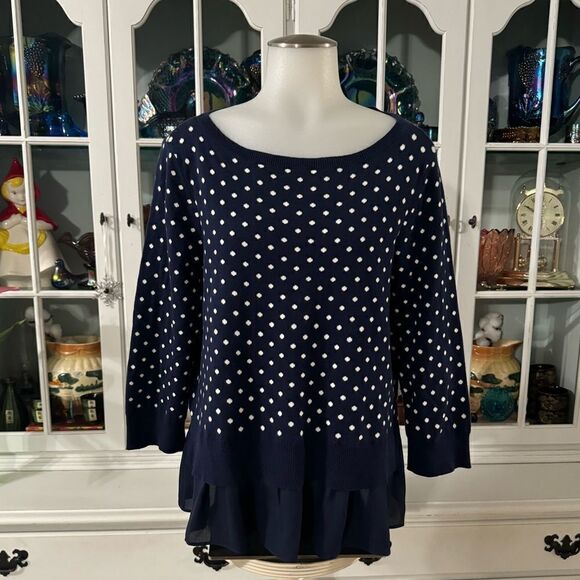 Chaps Mock-Layer Polka-Dot Top Size Large Navy and White - Picture 6 of 11